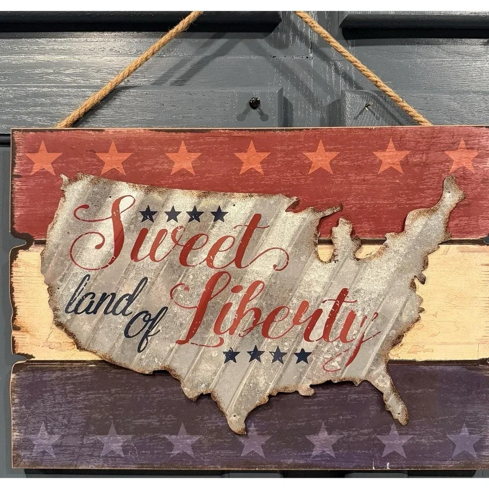 Sweet Land‎ of Liberty USA Map Metal Wood Patriotic Wall Sign Decor Americana